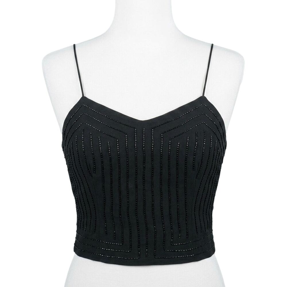 100% Silk Beaded Crop Top Cami Black 4 Vtg Whimsygoth fairy